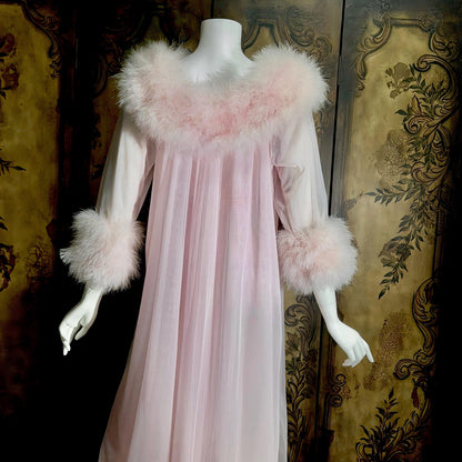 Vintage INTIME nightgown peignoir set, 1960s frothy pink marabou slip dress robe lingerie gown