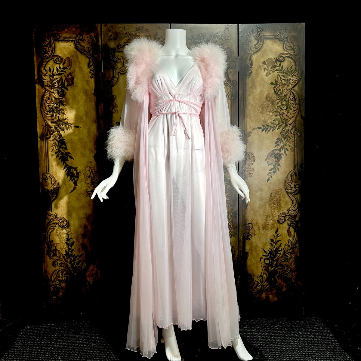 Vintage INTIME nightgown peignoir set, 1960s frothy pink marabou slip dress robe lingerie gown