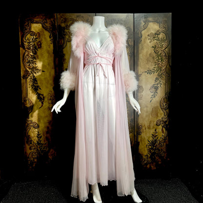 Vintage INTIME nightgown peignoir set, 1960s frothy pink marabou slip dress robe lingerie gown