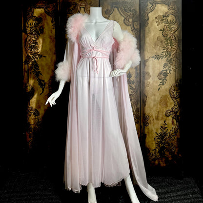 Vintage INTIME nightgown peignoir set, 1960s frothy pink marabou slip dress robe lingerie gown
