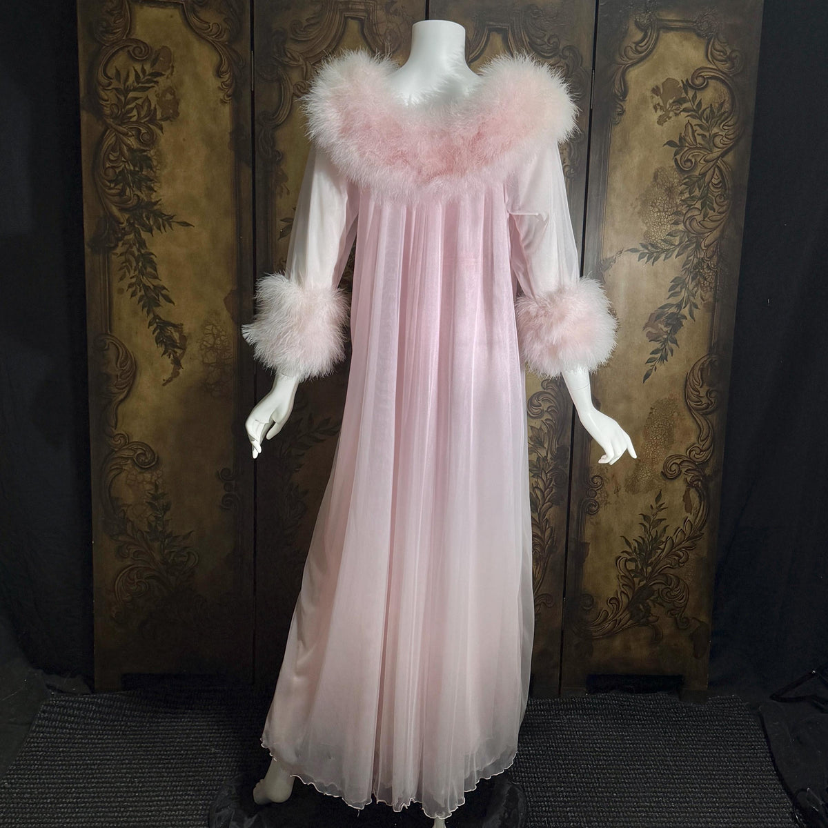 Vintage INTIME nightgown peignoir set, 1960s frothy pink marabou slip dress robe lingerie gown