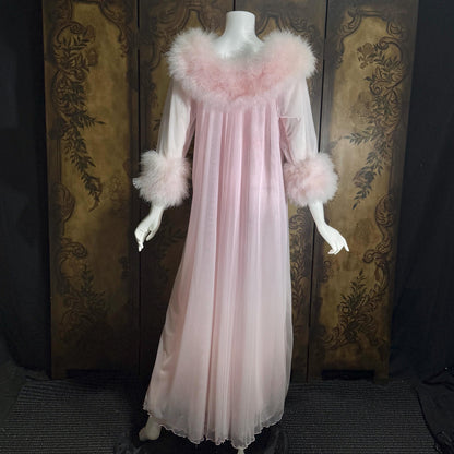 Vintage INTIME nightgown peignoir set, 1960s frothy pink marabou slip dress robe lingerie gown