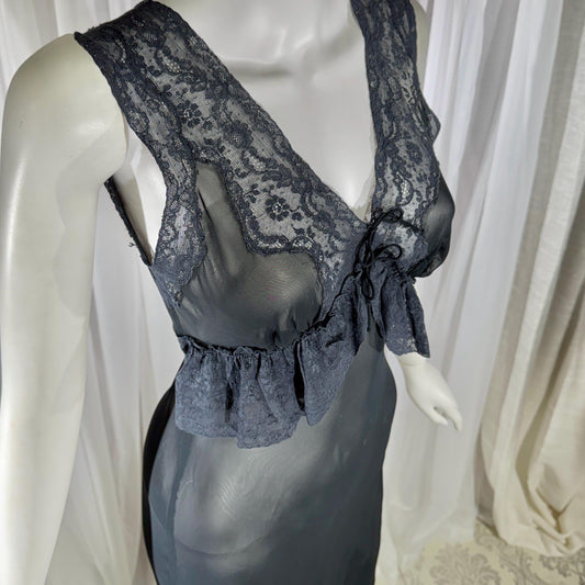 vintage 1930s Nightgown slip dress, sheer sultry black bias cut lingerie dress with ruffles