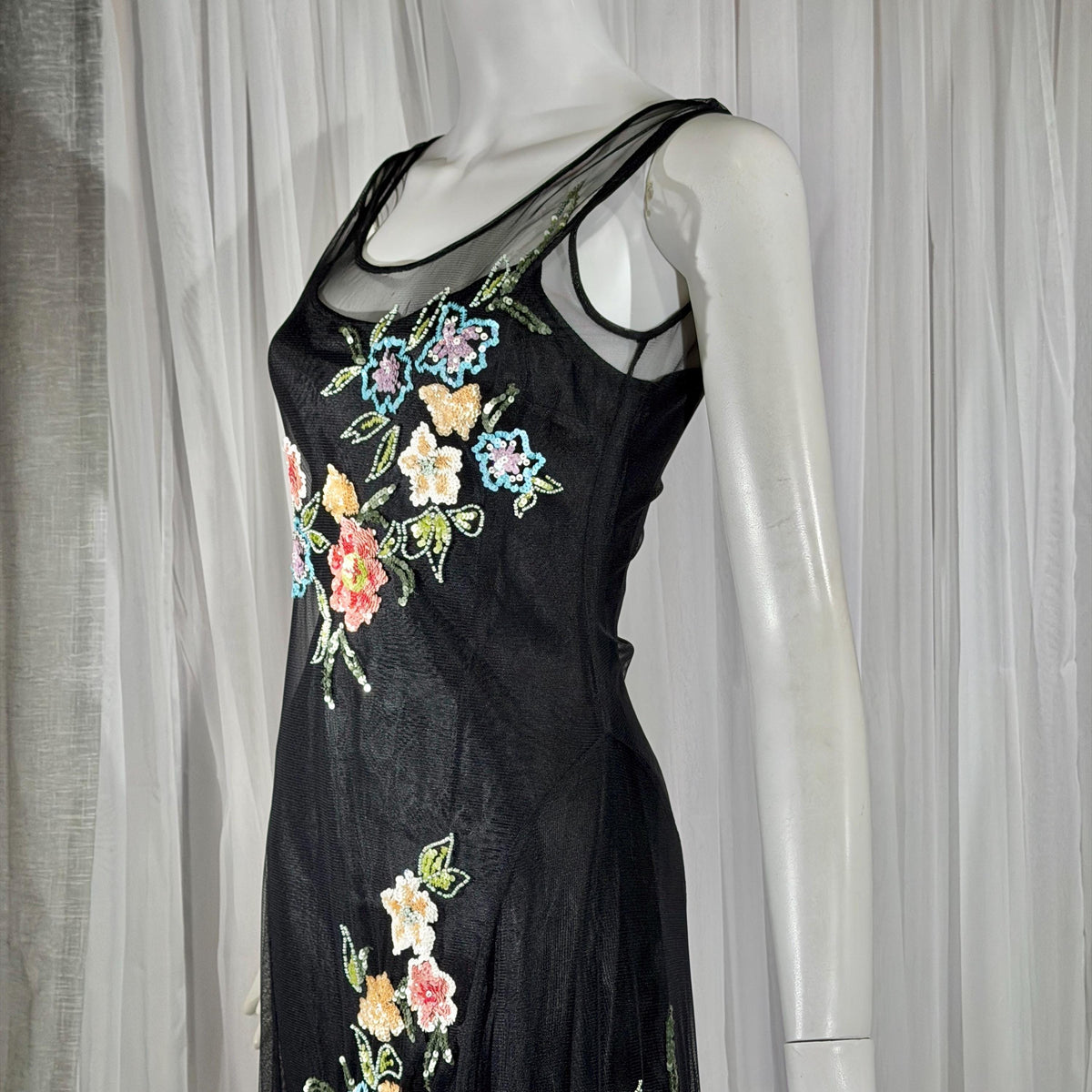 Vintage SUE WONG Slip Dress, 1990s Black Nylon Mesh beaded Handkerchief sheath cocktail dress