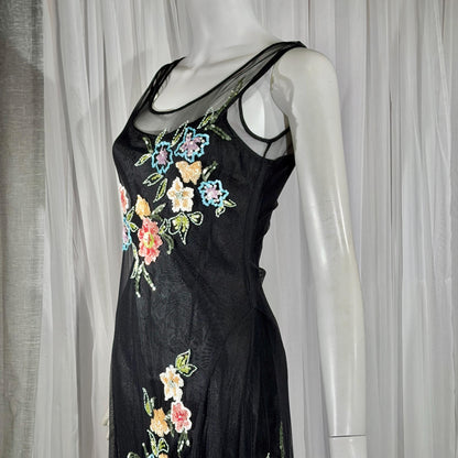Vintage SUE WONG Slip Dress, 1990s Black Nylon Mesh beaded Handkerchief sheath cocktail dress