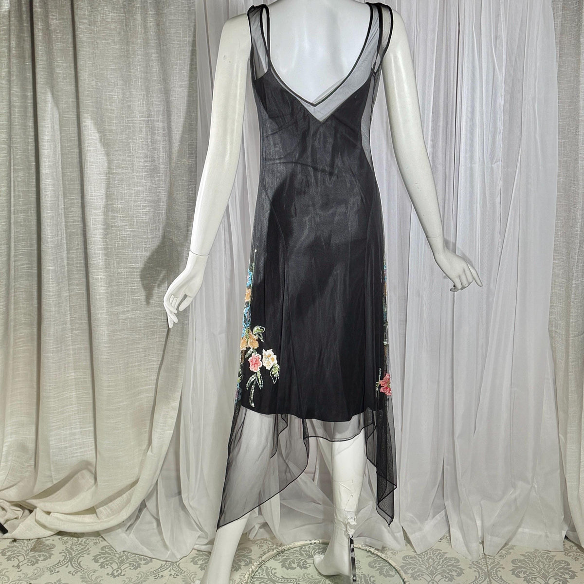 Vintage SUE WONG Slip Dress, 1990s Black Nylon Mesh beaded Handkerchief sheath cocktail dress