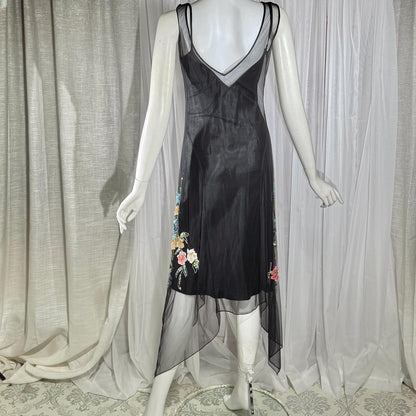 Vintage SUE WONG Slip Dress, 1990s Black Nylon Mesh beaded Handkerchief sheath cocktail dress
