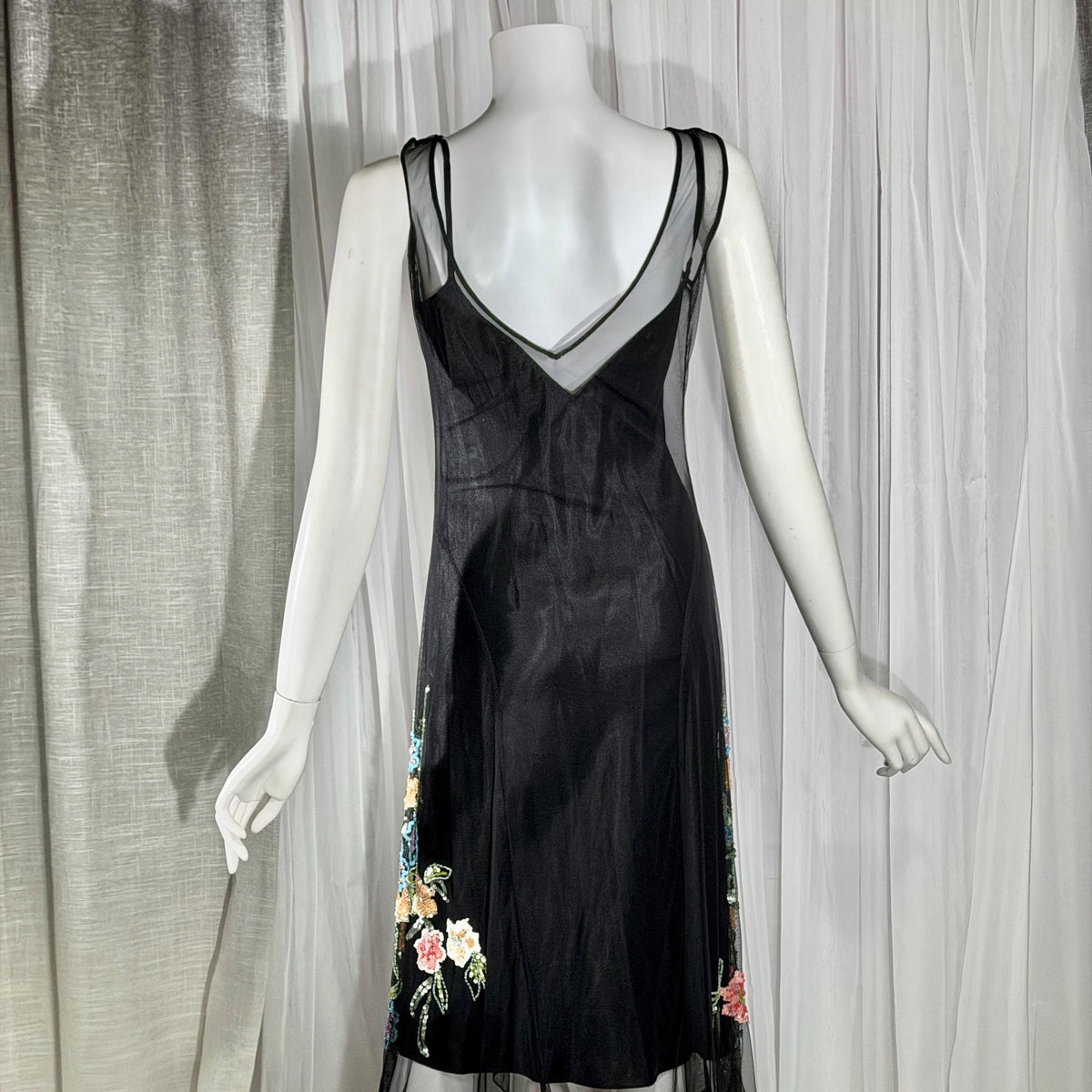 Vintage SUE WONG Slip Dress, 1990s Black Nylon Mesh beaded Handkerchief sheath cocktail dress