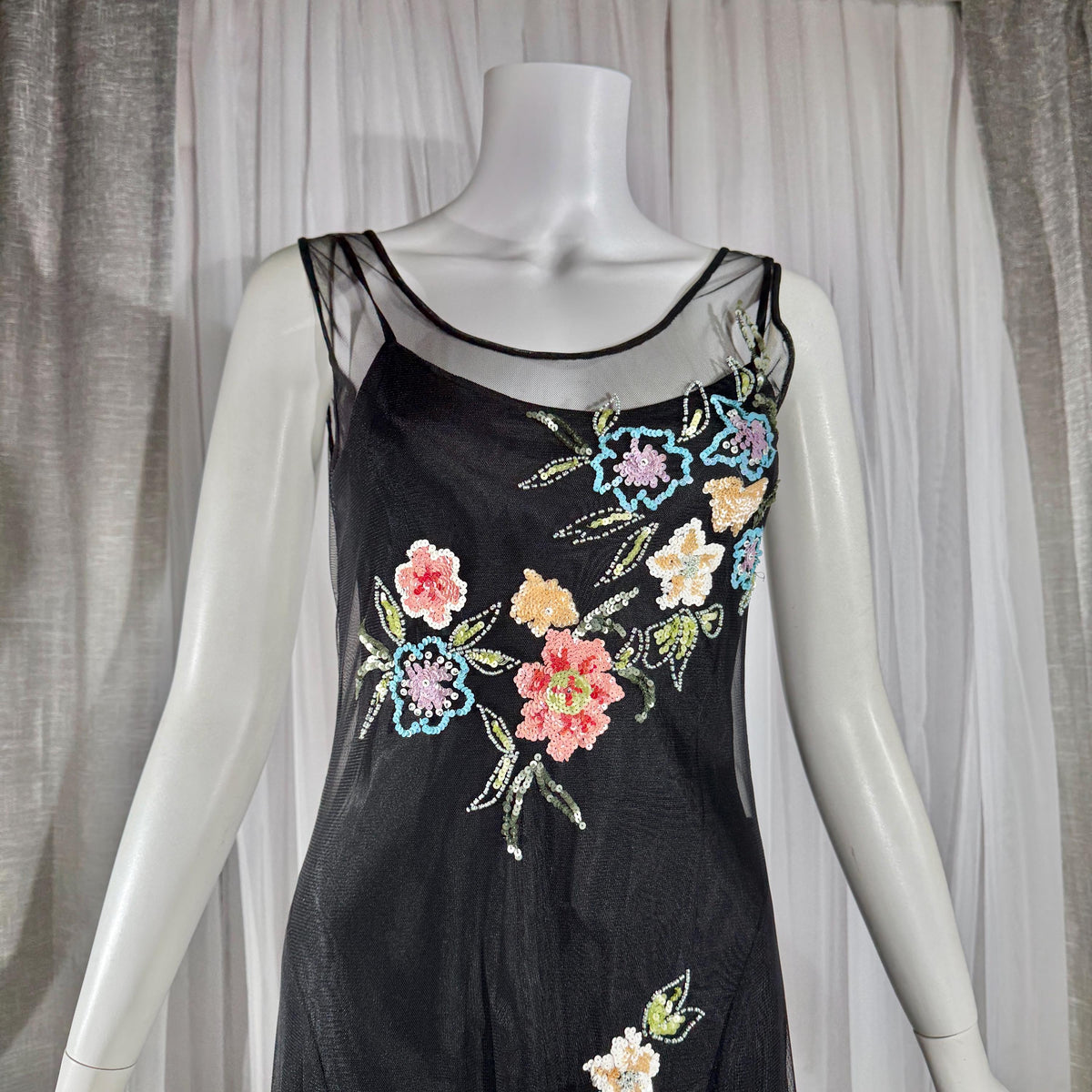 Vintage SUE WONG Slip Dress, 1990s Black Nylon Mesh beaded Handkerchief sheath cocktail dress