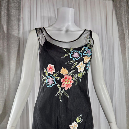Vintage SUE WONG Slip Dress, 1990s Black Nylon Mesh beaded Handkerchief sheath cocktail dress