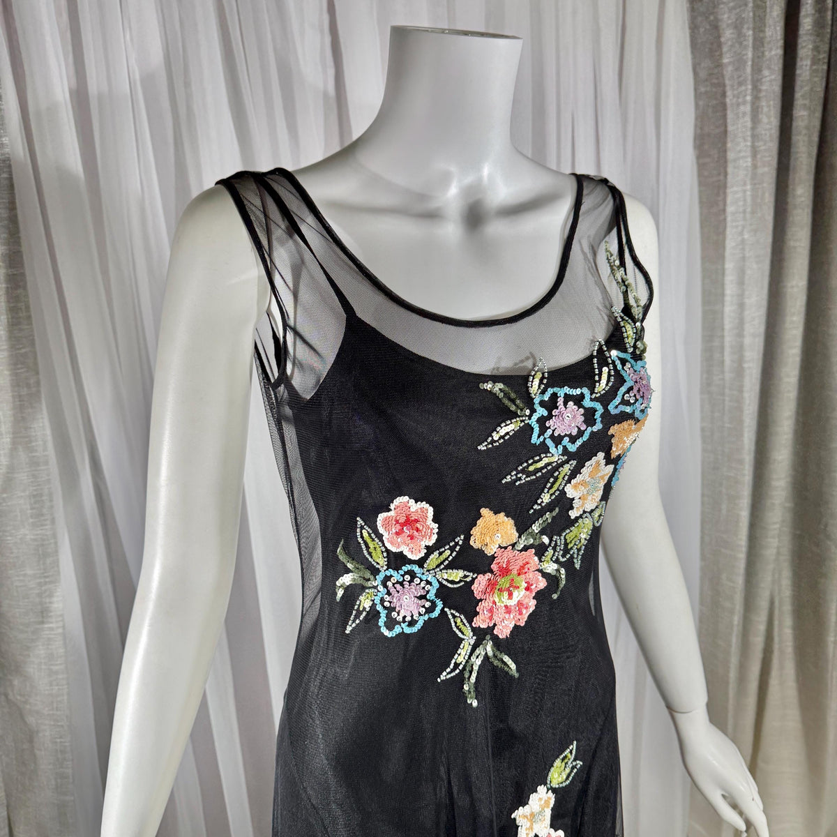 Vintage SUE WONG Slip Dress, 1990s Black Nylon Mesh beaded Handkerchief sheath cocktail dress
