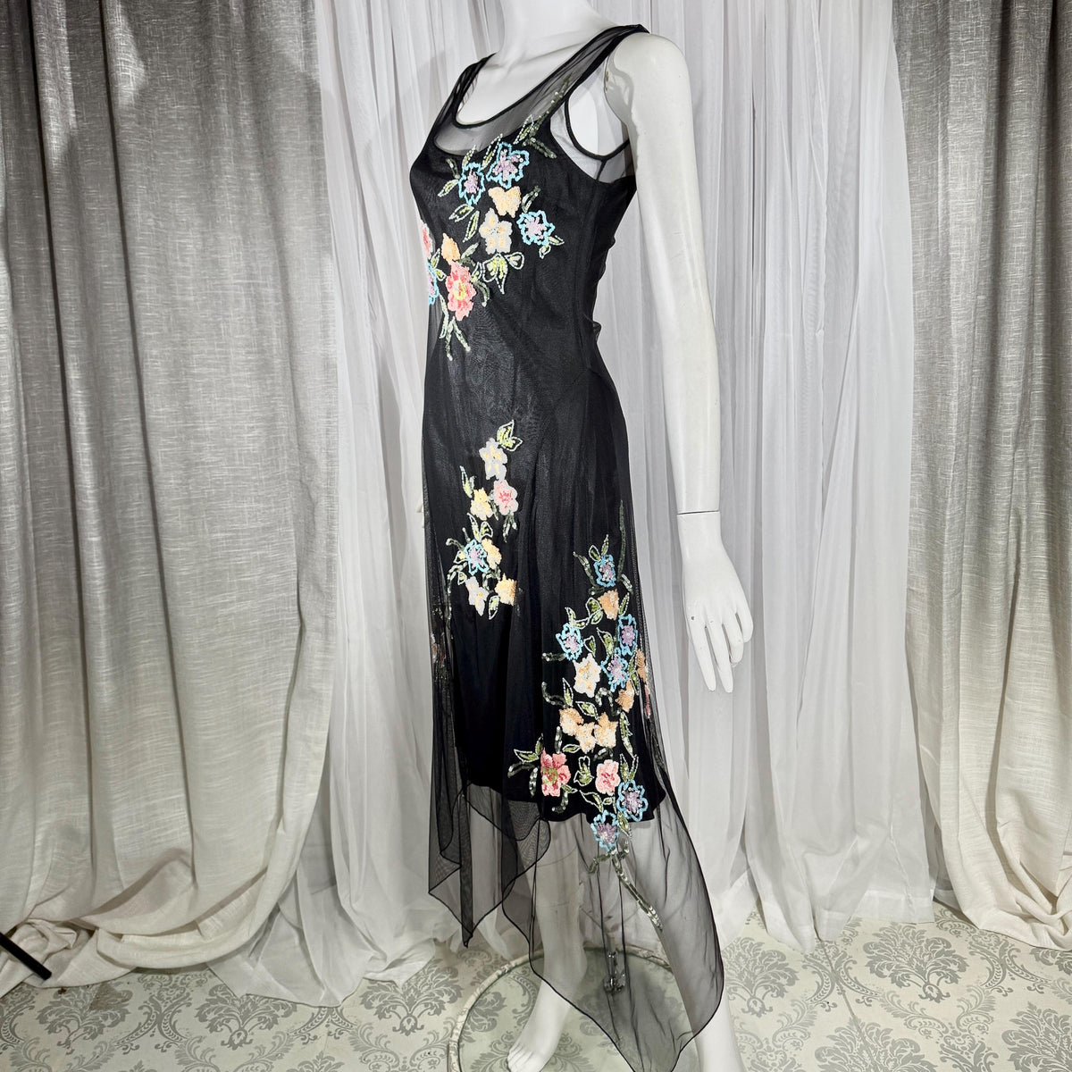 Vintage SUE WONG Slip Dress, 1990s Black Nylon Mesh beaded Handkerchief sheath cocktail dress