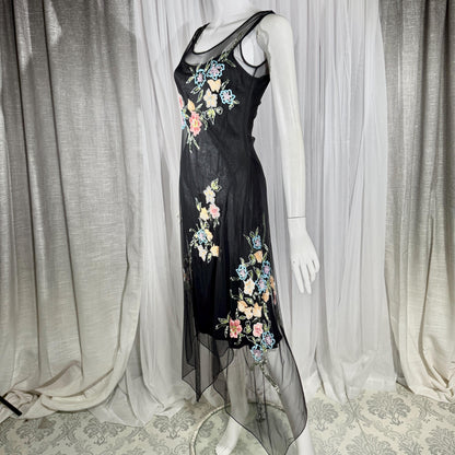 Vintage SUE WONG Slip Dress, 1990s Black Nylon Mesh beaded Handkerchief sheath cocktail dress
