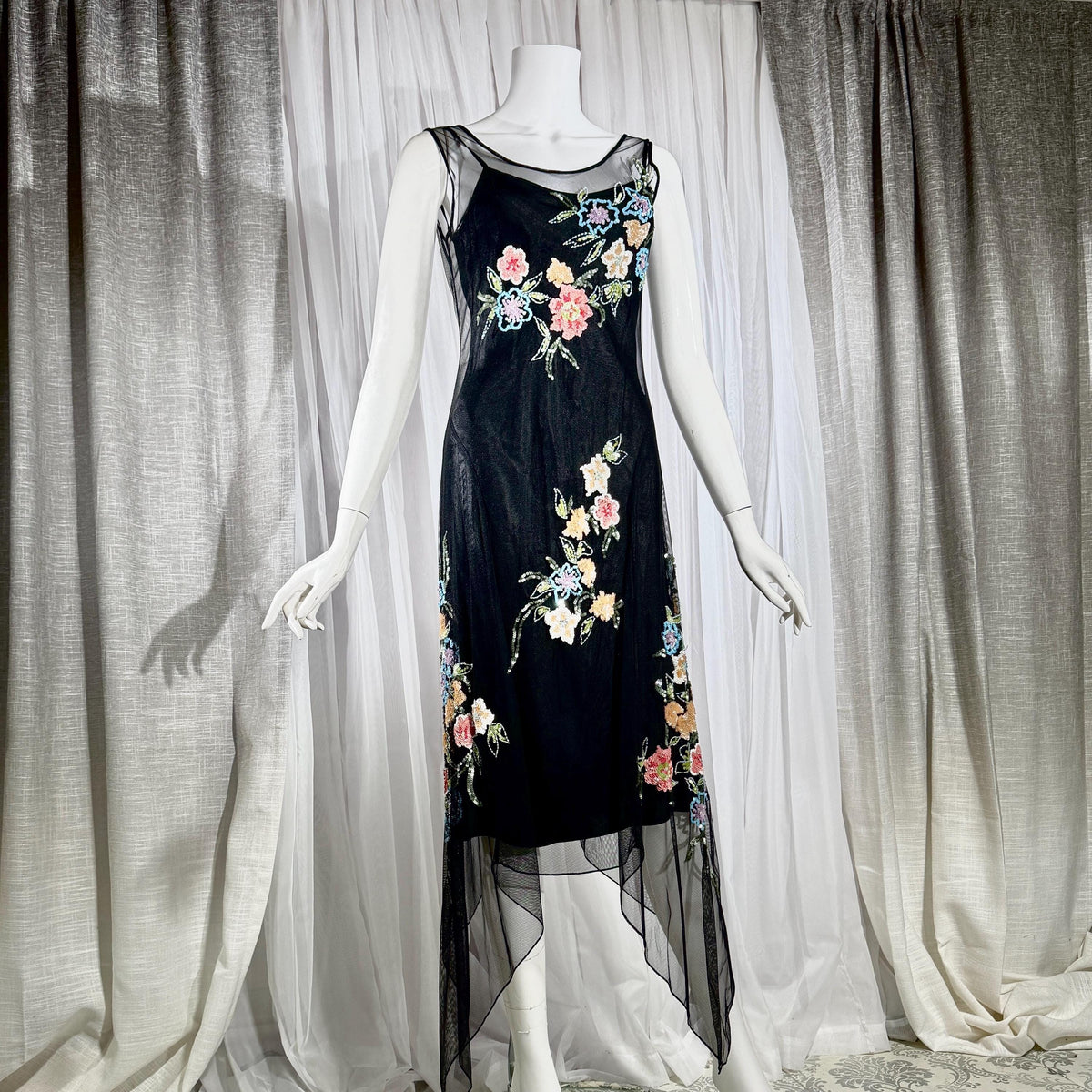 Vintage SUE WONG Slip Dress, 1990s Black Nylon Mesh beaded Handkerchief sheath cocktail dress