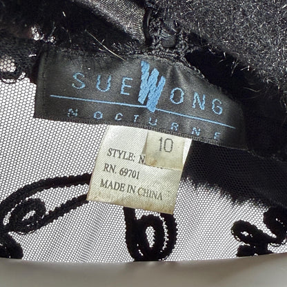 vintage SUE WONG evening coat duster, Y2K NOCTURNE Sheer Black Beaded Mesh & crochet maxi coat