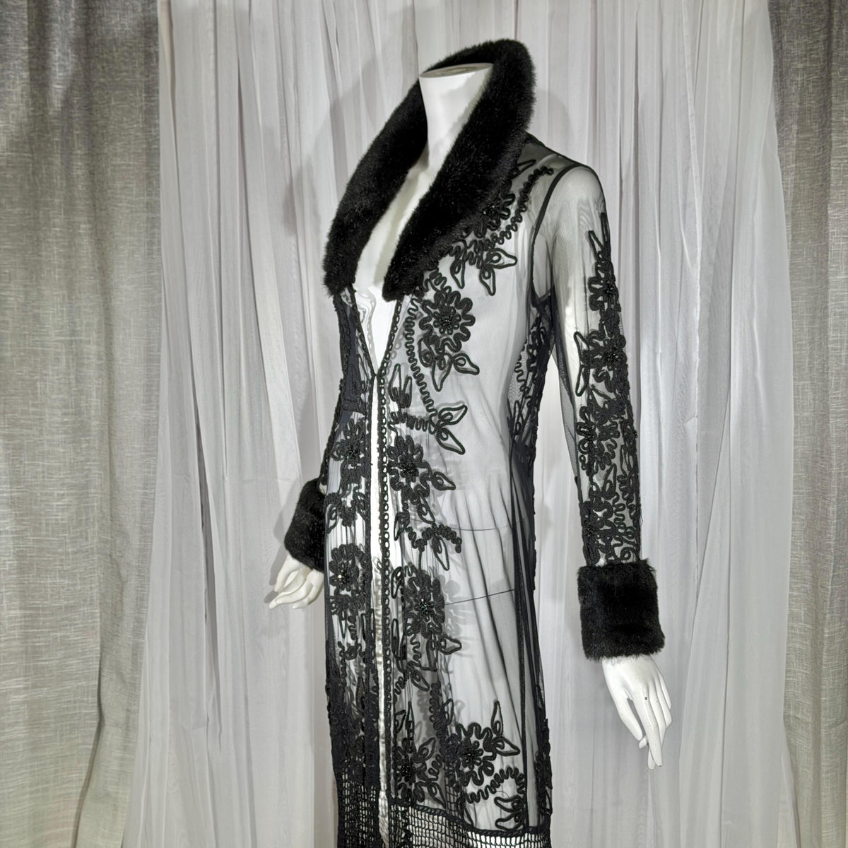 vintage SUE WONG evening coat duster, Y2K NOCTURNE Sheer Black Beaded Mesh & crochet maxi coat