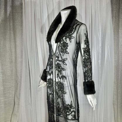 vintage SUE WONG evening coat duster, Y2K NOCTURNE Sheer Black Beaded Mesh & crochet maxi coat