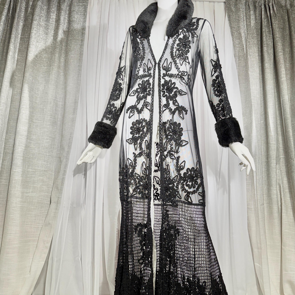 vintage SUE WONG evening coat duster, Y2K NOCTURNE Sheer Black Beaded Mesh & crochet maxi coat