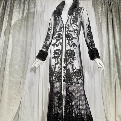 vintage SUE WONG evening coat duster, Y2K NOCTURNE Sheer Black Beaded Mesh & crochet maxi coat