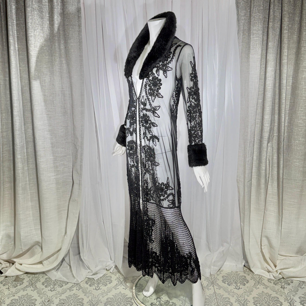 vintage SUE WONG evening coat duster, Y2K NOCTURNE Sheer Black Beaded Mesh & crochet maxi coat