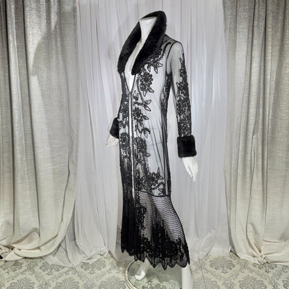 vintage SUE WONG evening coat duster, Y2K NOCTURNE Sheer Black Beaded Mesh & crochet maxi coat