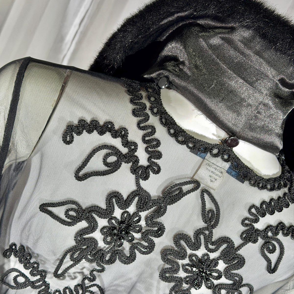 vintage SUE WONG evening coat duster, Y2K NOCTURNE Sheer Black Beaded Mesh & crochet maxi coat