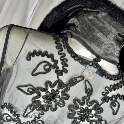 vintage SUE WONG evening coat duster, Y2K NOCTURNE Sheer Black Beaded Mesh & crochet maxi coat