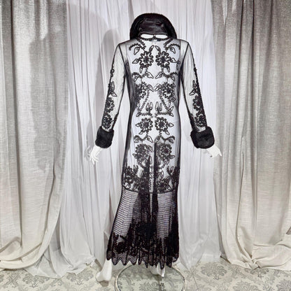 vintage SUE WONG evening coat duster, Y2K NOCTURNE Sheer Black Beaded Mesh & crochet maxi coat