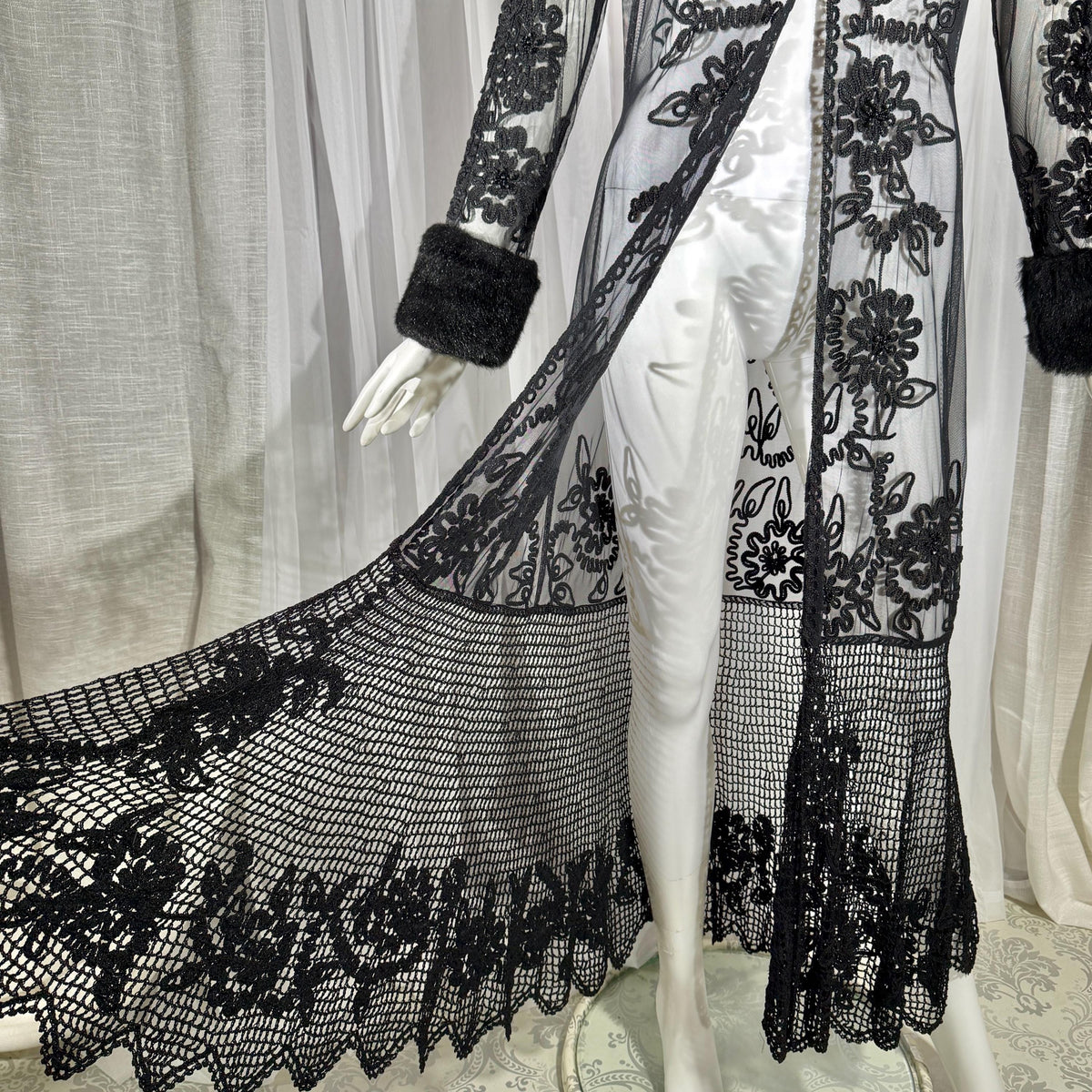 vintage SUE WONG evening coat duster, Y2K NOCTURNE Sheer Black Beaded Mesh & crochet maxi coat