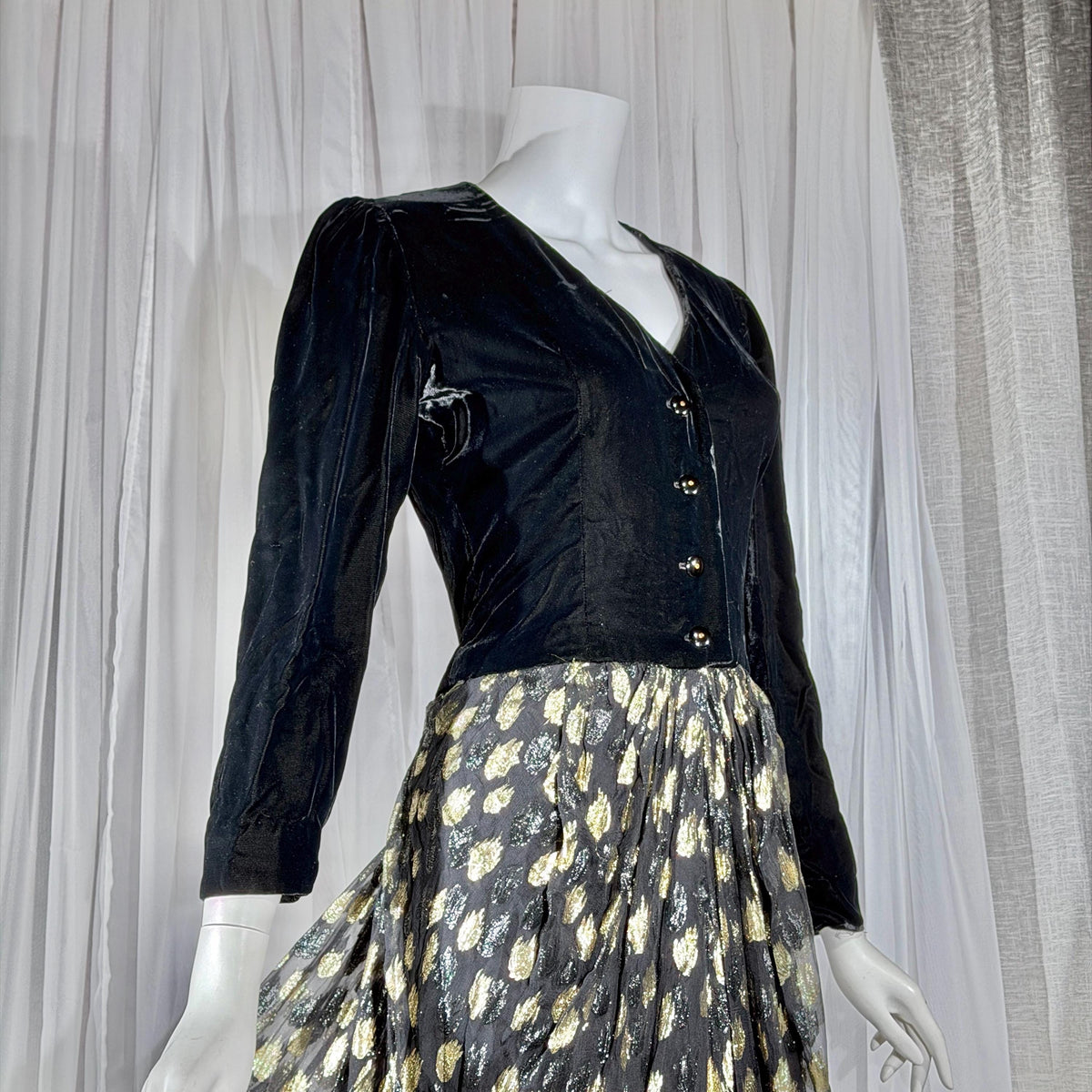vintage GIVENCHY evening dress gown, 1970s Nouvelle Boutique Black Gold Velvet Silk Metallic
