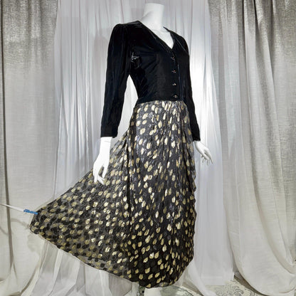 vintage GIVENCHY evening dress gown, 1970s Nouvelle Boutique Black Gold Velvet Silk Metallic