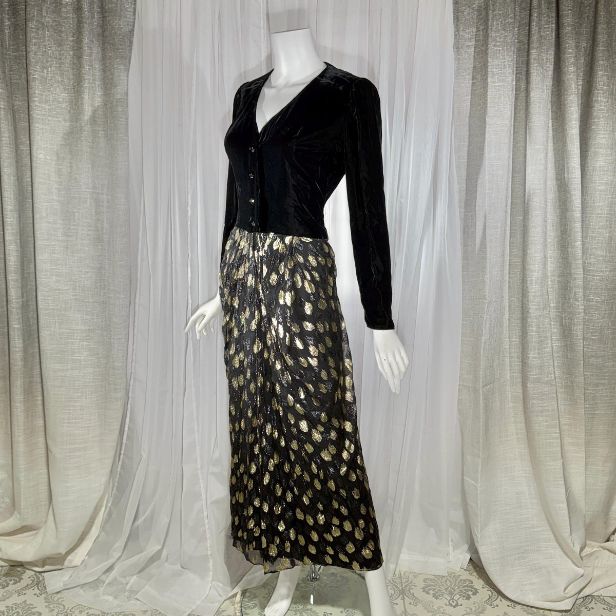 vintage GIVENCHY evening dress gown, 1970s Nouvelle Boutique Black Gold Velvet Silk Metallic
