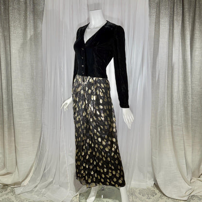 vintage GIVENCHY evening dress gown, 1970s Nouvelle Boutique Black Gold Velvet Silk Metallic