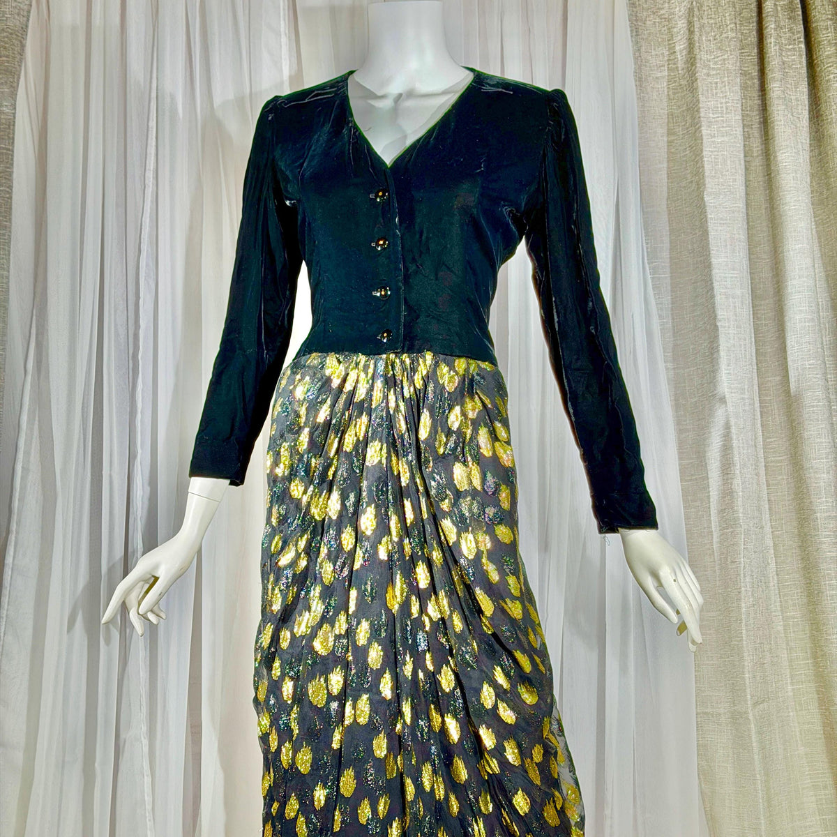 vintage GIVENCHY evening dress gown, 1970s Nouvelle Boutique Black Gold Velvet Silk Metallic