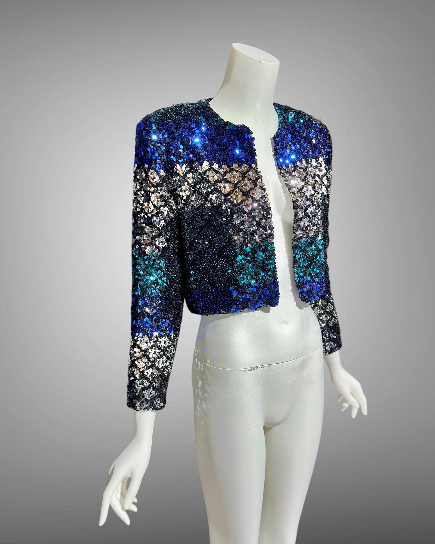 LILLIE RUBIN vintage Evening jacket, 1980s ombre sequins blue black silver cocktails party cropped jacket