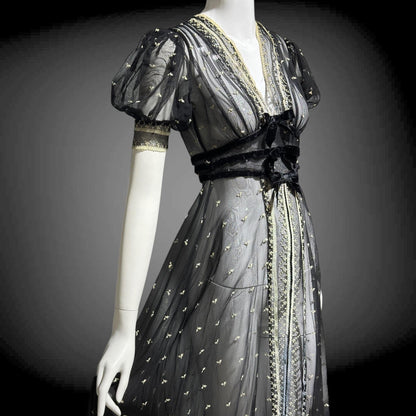 1930s Vintage Sheer Lace Evening Dress: Black embroidered babydoll Dress
