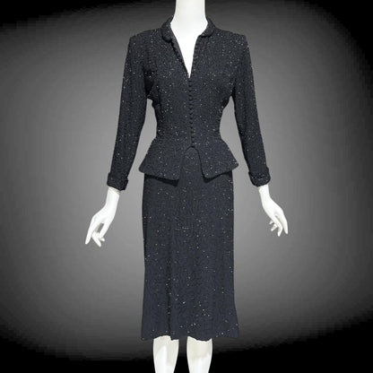 CEIL CHAPMAN vintage 1940s Beaded Evening Suit, Black crepe Cocktail Skirt and Jacket set