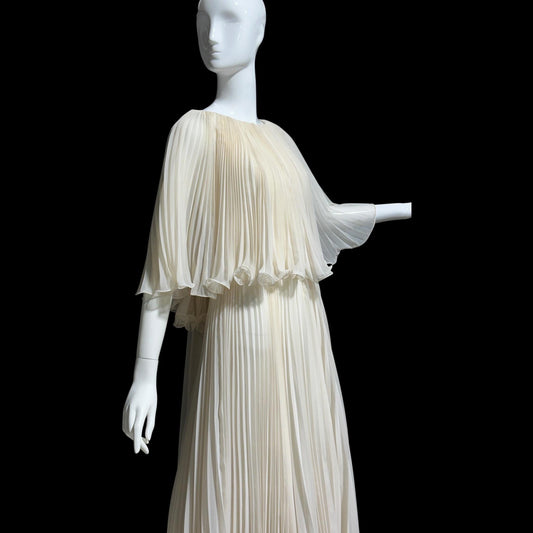 1960s vintage evening dress gown, almond white lace pleated dress, ruffled cape collar