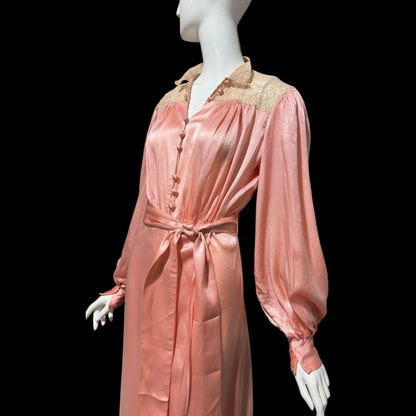 1930s vintage dressing gown robe, Shimmering Peachy pink silk with amazing lace, wrap front house coat loungewear