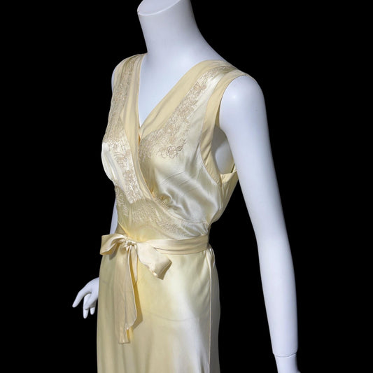 1940s vintage Silk Nightgown slip dress, Butter yellow bias cut embroidered lace slip dress