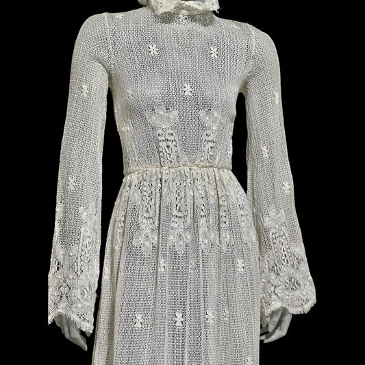1970s vintage crochet maxi dress, white cotton open knit bridal wedding dress, Victorian style gown