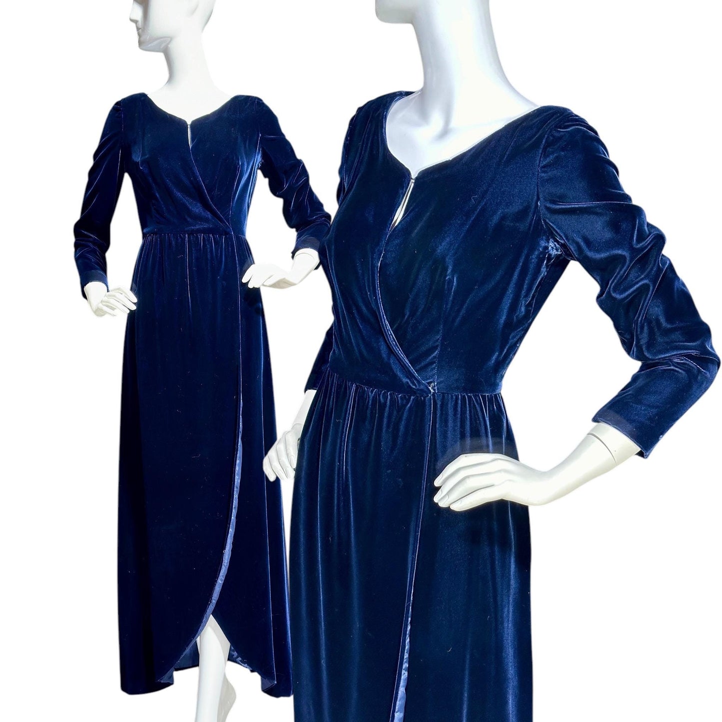 MOLLIE PARNIS vintage 1960s blue velvet wrap evening dress, Morty Sussman