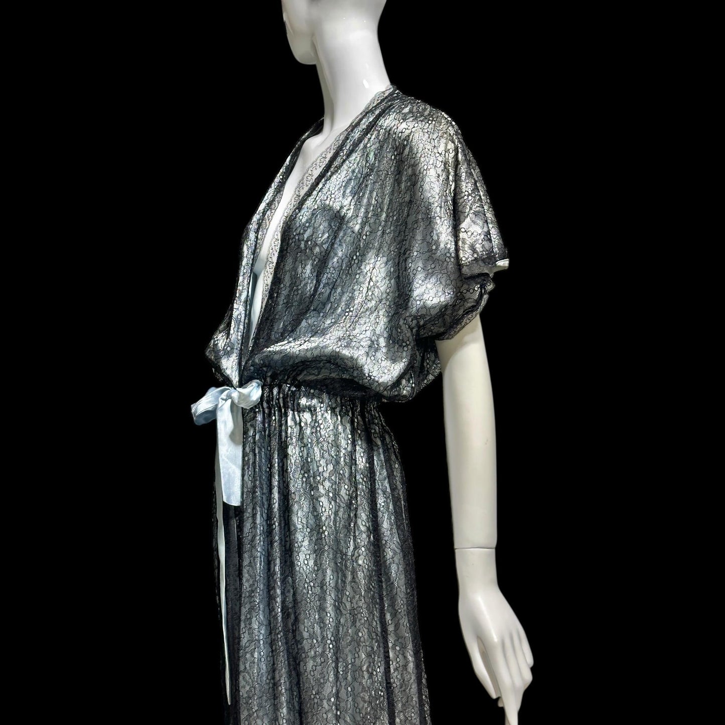 JUVENTA vintage 1930s dressing gown robe, sheer black lace with blue satin peignoir housecoat, Made in France