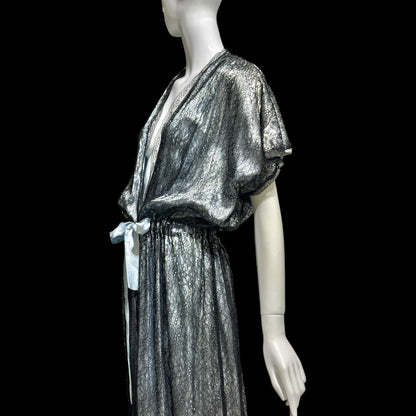JUVENTA vintage 1930s dressing gown robe, sheer black lace with blue satin peignoir housecoat, Made in France
