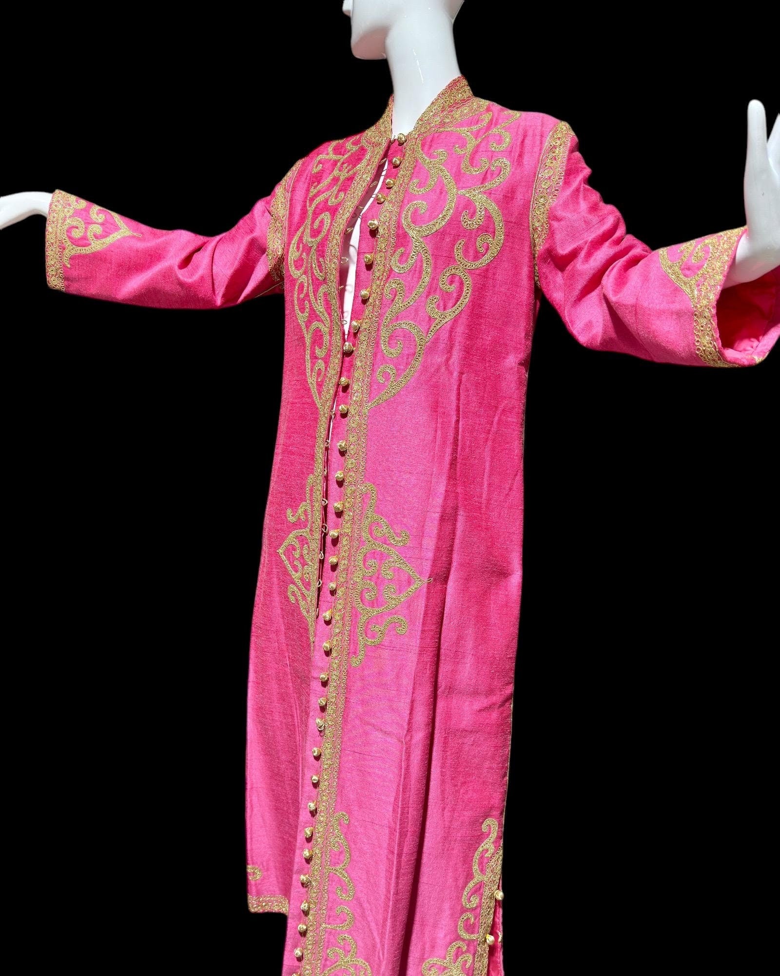 MOURJANA vintage Moroccan caftan dress, evening coat, 1960s raw silk Hand Made Hot Pink and gold metallic embroidered Kaftan