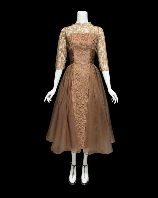 CLIFTON WILHITE vintage 1950s dress, Mocha Mousse lace organza evening cocktail party dress,