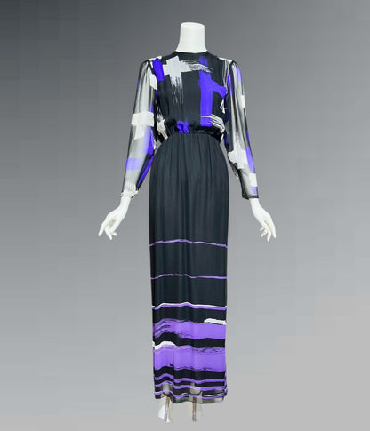 HANAE MORI for MARTHA Palm Beach, vintage 1970s chiffon gown, black and purple sheer blouson