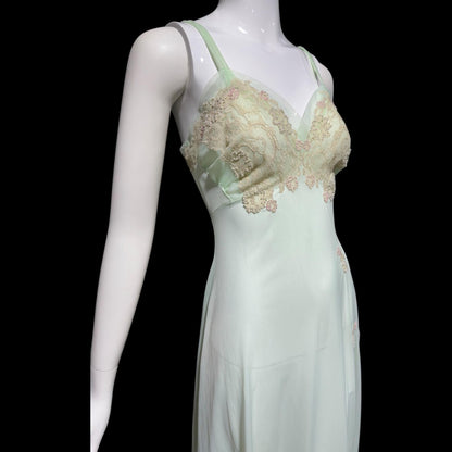 VAN RAALTE MYTH vintage 1950s Nightgown Slip Dress: Pale celadon green Nylon beaded night Dress