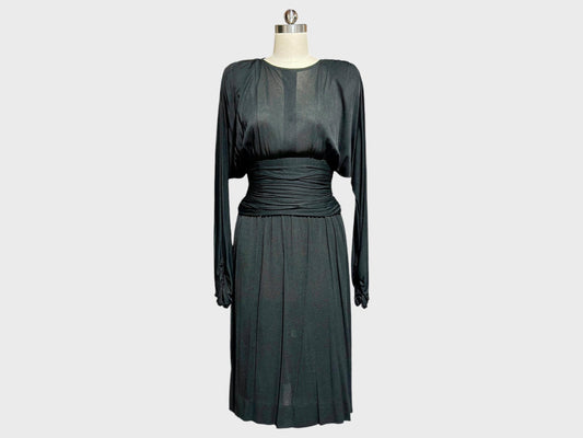 ADELE SIMPSON 1980s vintage evening dress, Sheer Black cocktail party dress, Batwing Sleeves, Keyhole Back