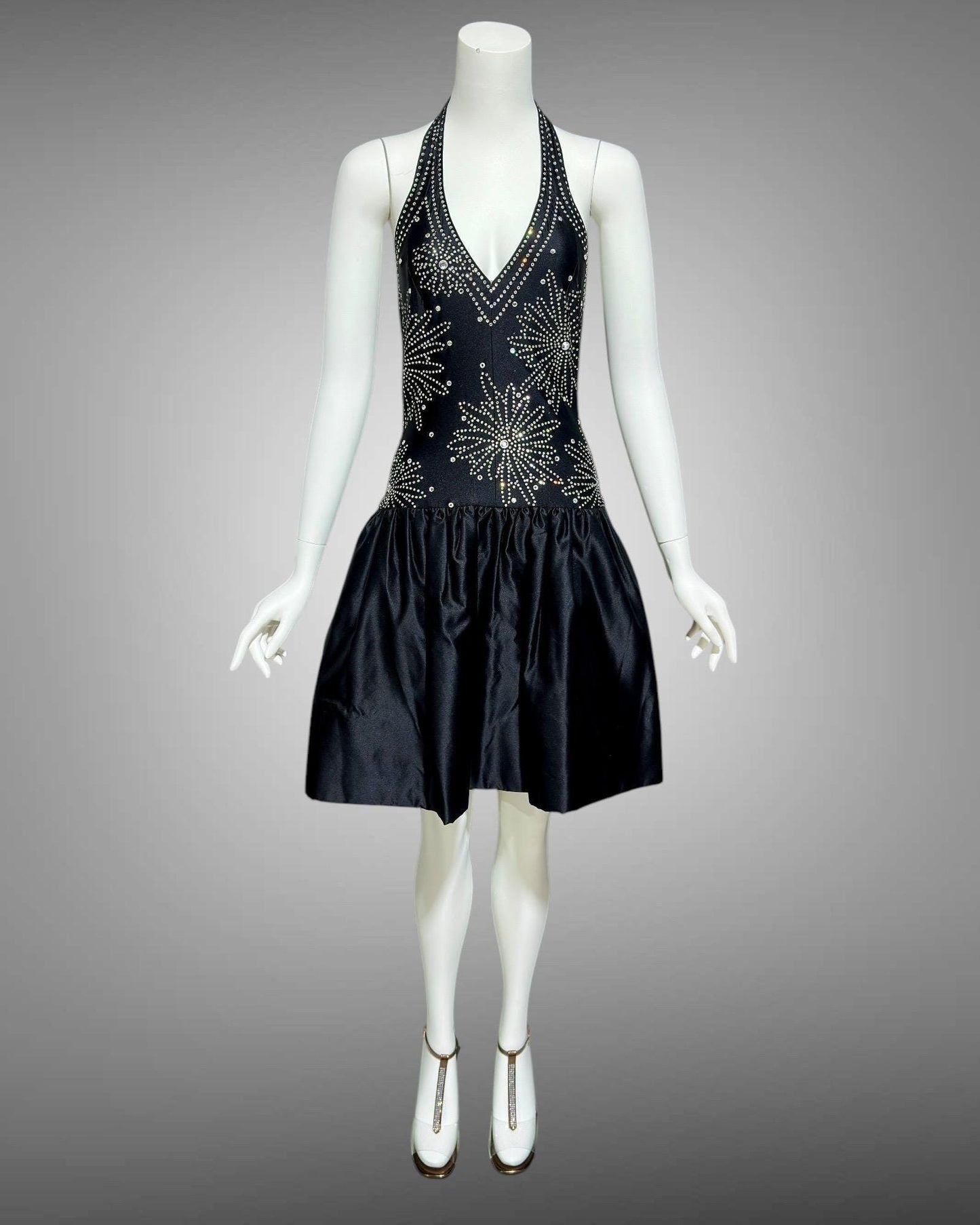 1980s vintage evening cocktail dress, stretchy black halter top with bubble mini skirt party dress